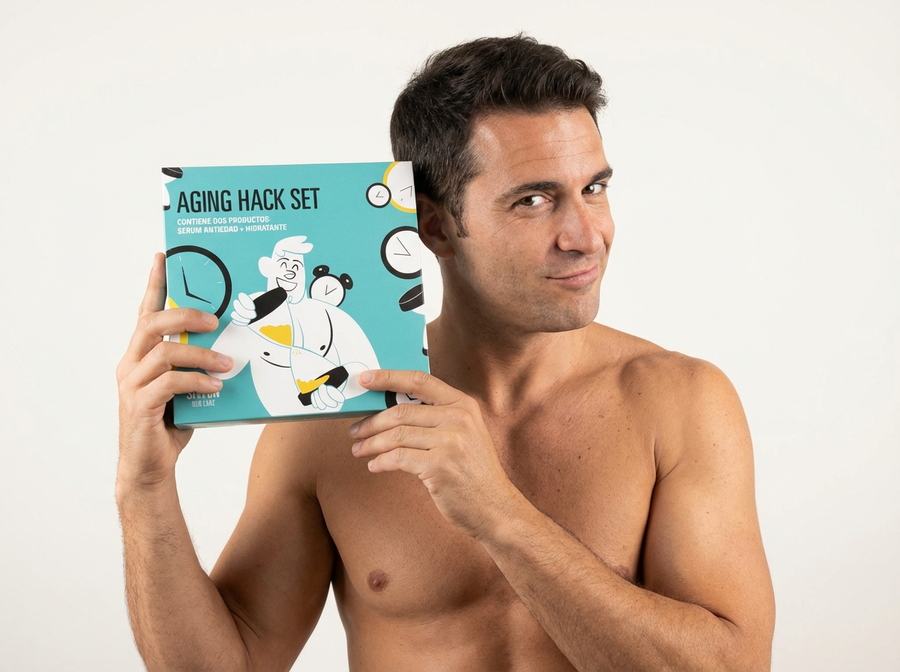 Homme avec le coffret Aging Hack